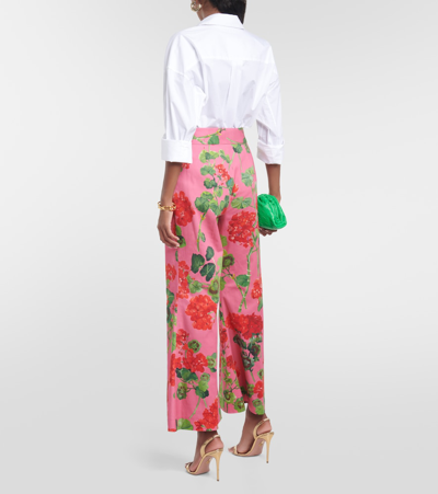 Shop Oscar De La Renta Floral High-rise Cotton-blend Flared Pants In Red