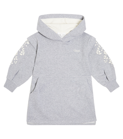 Shop Chloé Embroidered Cotton Hoodie Dress In Grey