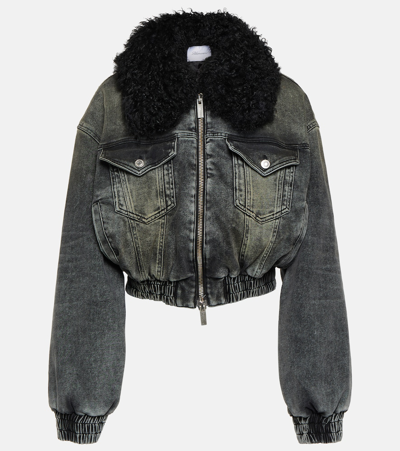 Shop Blumarine Faux Fur-trimmed Denim Jacket In Black