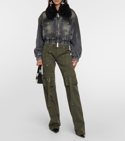Blumarine Black Jacket With Faux Fur Collar And Logo Embroidery In Stretch Cotton Denim Woman In Black