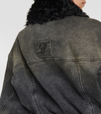 Shop Blumarine Faux Fur-trimmed Denim Jacket In Black