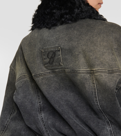 Blumarine Black Jacket With Faux Fur Collar And Logo Embroidery In Stretch Cotton Denim Woman In Black