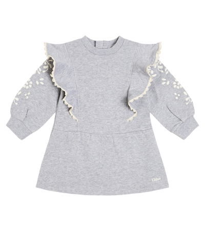 Shop Chloé Kids Baby Embroidered Cotton Jersey Dress In Grey