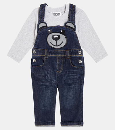 Shop Moschino Baby Teddy Bear Overalls And T-shirt Set In Blue