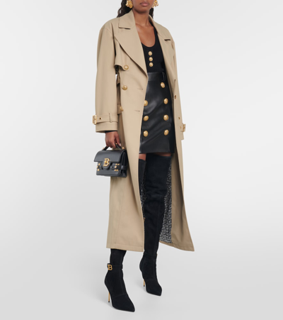 Shop Balmain Embellished Gabardine Trench Coat In Beige