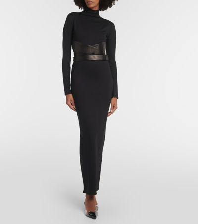 Shop Alaïa Leather-trimmed Jersey Maxi Dress In Black