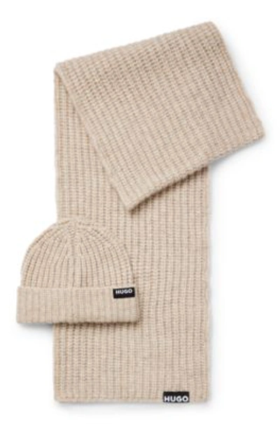 Shop Hugo Logo-trimmed Ribbed Beanie Hat And Scarf Gift Set In Light Beige