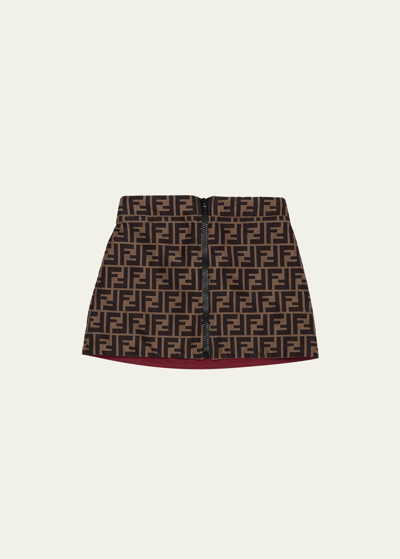 Shop Fendi Girl's Reversible Logo Text/monogram-print Skirt In Brown