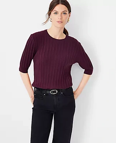 Shop Ann Taylor Petite Ribbed Elbow Sleeve Sweater In Plum Rose