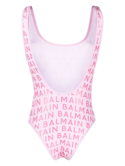 Shop Balmain Logo-print Scoop-neck Swimsuit In Rosa