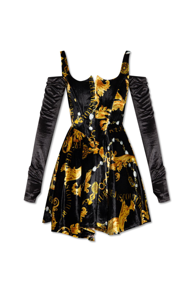 Shop Versace Jeans Couture Velvet Dress In Black/gold