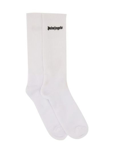 Shop Palm Angels Logo Embroidered Socks In White