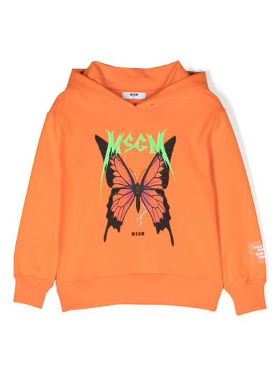 Shop Msgm Logo-print Cotton Hoodie In Orange