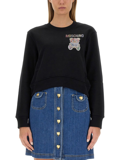 Shop Moschino Teddy Bear Embellished Crewneck Sweatshirt In Black