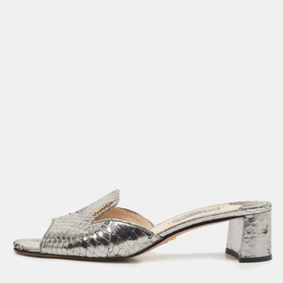 Pre-owned Prada Metallic Grey Python Embossed Leather Slide Sandals Size 37