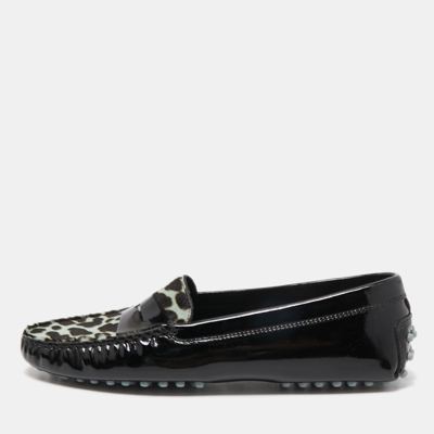Pre-owned Tod's Black Patent Leather And Calf Hair Gommino Penny Loafers Size 39