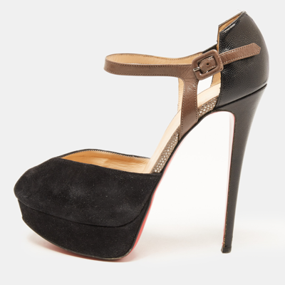 Pre-owned Christian Louboutin Black/grey Suede And Leather Peep Toe Ankle Strap Platform Sandals Size 39