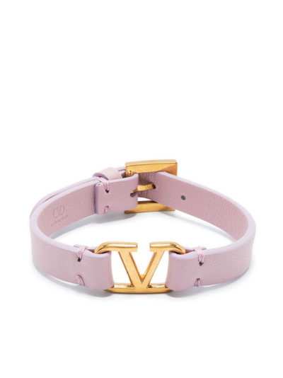Shop Valentino Gold-tone Vlogo Signature Leather Bracelet In Pink