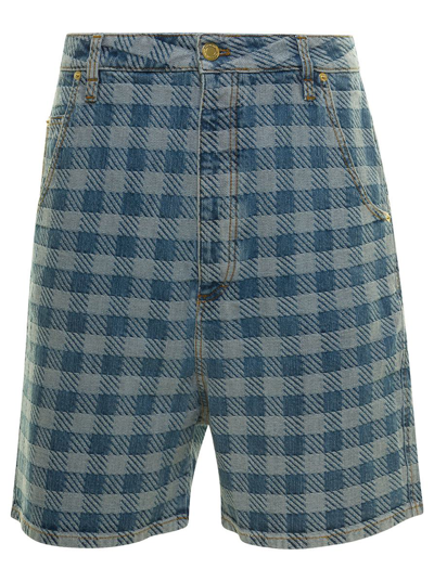 Shop Ami Alexandre Mattiussi 'alex' Light Blue Five-pocket Bermuda Shorts With Check Motif In Cotton Denim Man