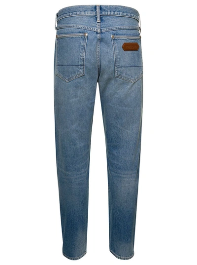 Shop Tom Ford Light Blue 5-pocket Style Jeans With Rips And Logo Patch In Cotton Denim Man