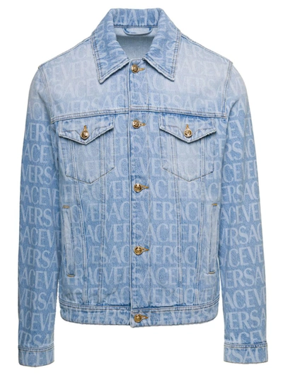 Shop Versace Light Blue Jacket With All-over Logo Lettering Print In Cotton Denim Woman