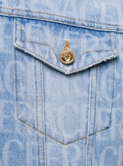 Shop Versace Light Blue Jacket With All-over Logo Lettering Print In Cotton Denim Woman