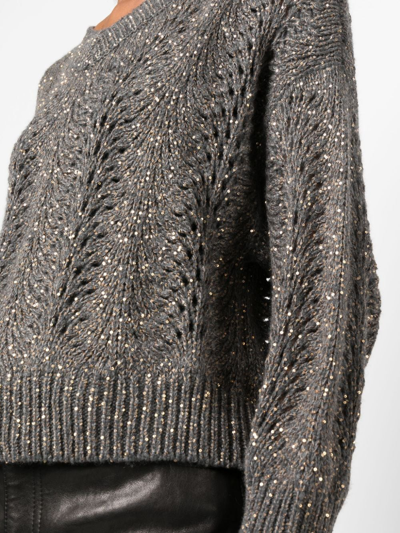 Shop Brunello Cucinelli Sequin-embellished Crochet-knit Jumper In Grey