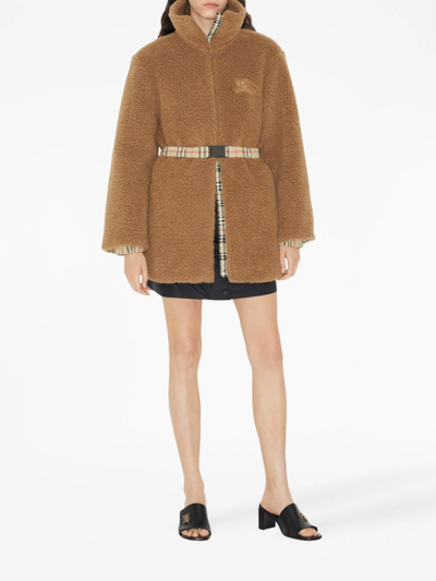 Shop Burberry Women Belted Fleece Coat In Dusty Caramel