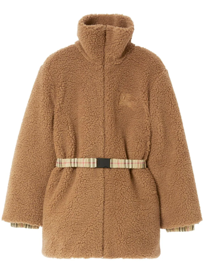 Shop Burberry Women Belted Fleece Coat In Dusty Caramel