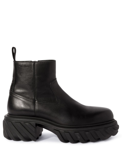 Off-white Chunky Sole Leather Boots With Elastic Side Panels In Black
