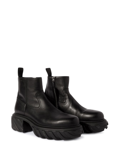 Off-white Chunky Sole Leather Boots With Elastic Side Panels In Black