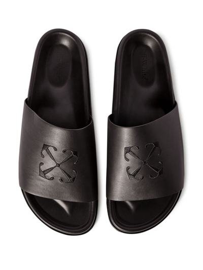 Off-white Arrows-embroidered Leather Slippers In Black