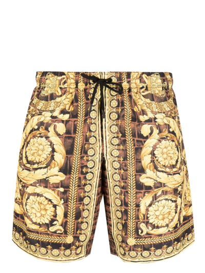 Shop Versace Baroccodile-print Swim Shorts In Braun