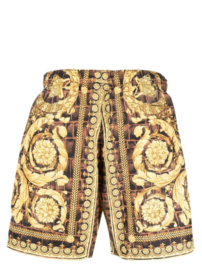 Shop Versace Baroccodile-print Swim Shorts In Braun