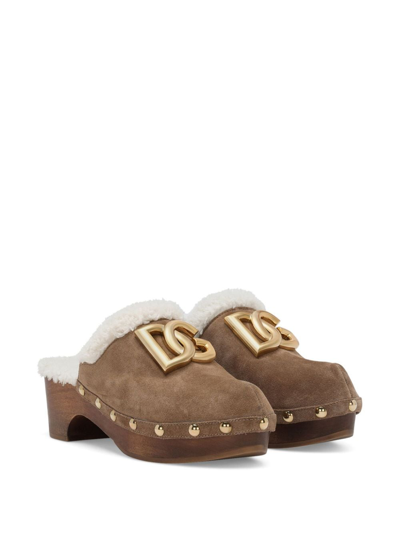 Dolce & Gabbana Logo-plaque Suede Clogs In Brown