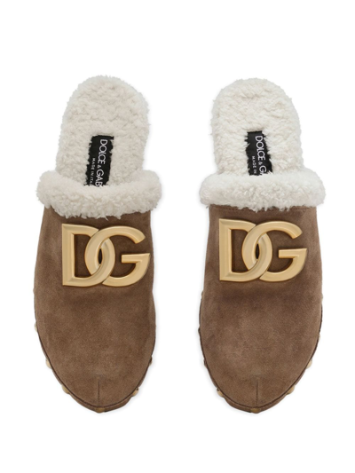 Dolce & Gabbana Logo-plaque Suede Clogs In Brown
