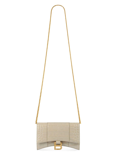 Shop Balenciaga Women's Hourglass Wallet With Chain Crocodile Embossed In Light Beige