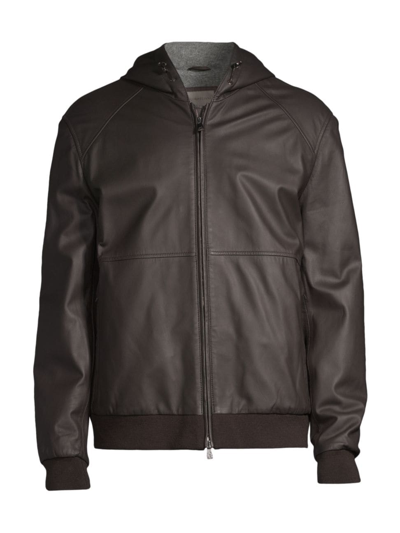 Shop Corneliani Men's Leather Hooded Bomber Jacket In Brown