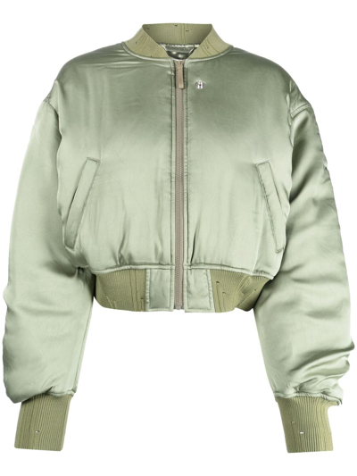 Shop Acne Studios Logo-embroidered Cropped Bomber Jacket In Green