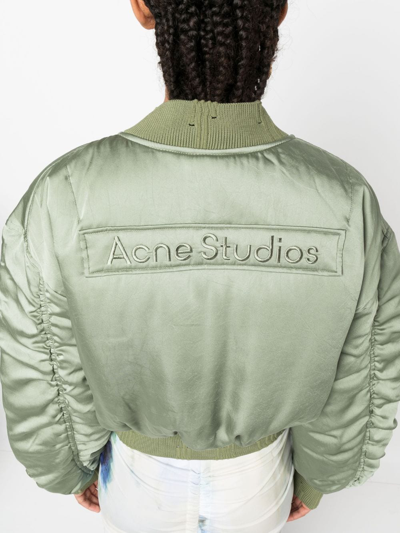 Shop Acne Studios Logo-embroidered Cropped Bomber Jacket In Green