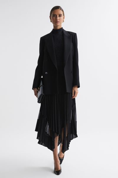 Reiss Black Pleated Layered Asymmetric Midi Skirt In Black