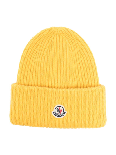 Shop Moncler Yellow Logo-patch Ribbed-knit Beanie