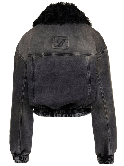 Shop Blumarine Black Jacket With Faux Fur Collar And Logo Embroidery In Stretch Cotton Denim Woman In Grey