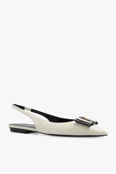 Shop Saint Laurent Anais Leather Flats In Pearl/navy