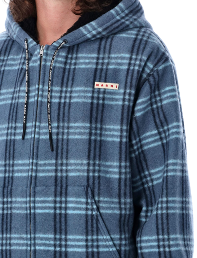 Marni Logo-patch Check-print Jacket In Blue Check
