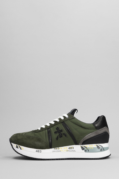 Shop Premiata Conny Sneakers In Green Suede And Fabric