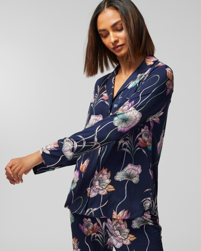 Shop Soma Women's Cool Nights Long Sleeve Notch Collar Pajama Top In Navy Blue Size Xl |  In Reflection Floral Navy