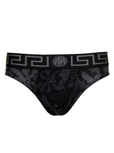 Shop Versace Black Briefs With Monocrome Baroque Print In Stretch Cotton Man In Grey