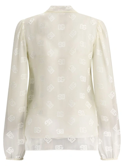 Shop Dolce & Gabbana "dg" Blouse With Ribbon In Beige
