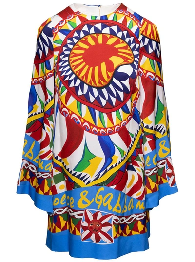 Shop Dolce & Gabbana Mini Multicolor Relaxed Dress With All-over Carretto Print In Stretch Silk Woman